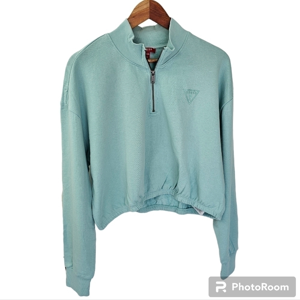 Guess pullover green half zip collared long sleeve crop sweatshirt NWT